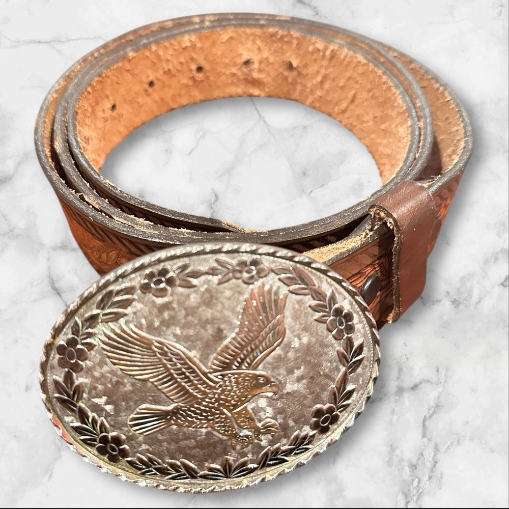 Brushy Creek USA Tooled Leather Belt w/ Eagle Buckle 46" Full‎ Grain Cowhide